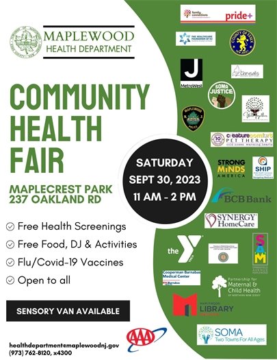 Maplewood Community Health Fair Saturday Sept 30 11 am to 2 pm Maplecrest Park 237 Oakland Road