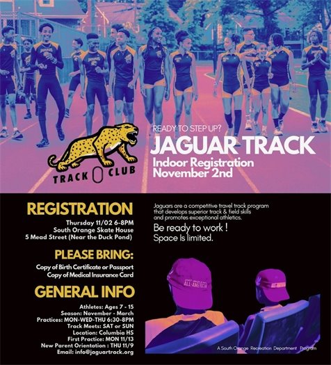 Jaguar Track Registration on November 2nd from 6-8pm at the Skate House in Meadowland Park
