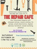 The Repair Cafe Our Volunteer Experts will sharpen knives, mend clothes, fix lamps, small electronics, digital devices, furniture, wood working, and jewelry! Call 973-763-6391 to say what you are bringing and approx time Saturday Oct 28 1 pm to 4 pm Morrow Church 600 Ridgewood Road Maplewood 