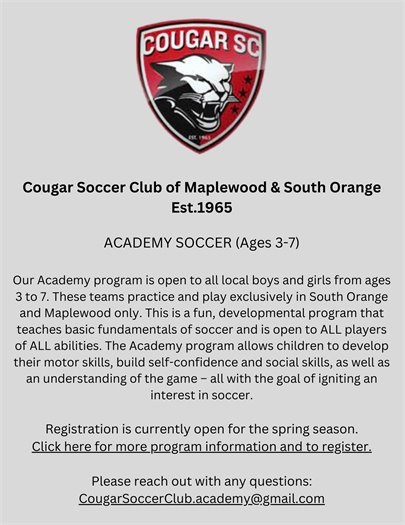 Cougars Soccer Academy Program Now Open for Registration!