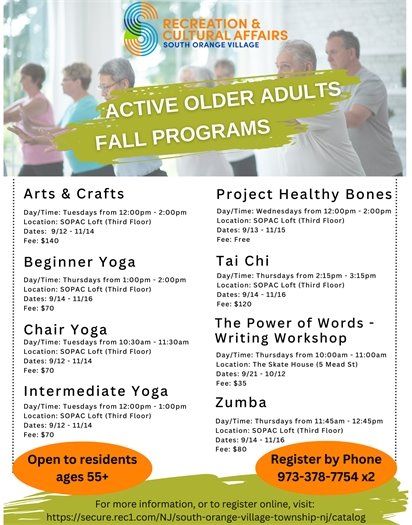 Active Older Adults Fall Programs: Arts & Crafts, Project Healthy Bones, Beginner Yoga, Tai Chi, Chair Yoga, Writing Workshop, Intermediate Yoga, and Zumba