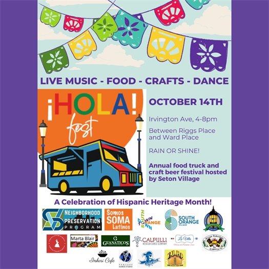Hola Fest Food Truck Festival: October 14th from 4-8 pm between Riggs Place and Ward Place on Irvington Ave.