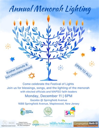 Annual Menorah Lighting: Monday, December 11th at 6 pm at 1688 Springfield Ave, Maplewood