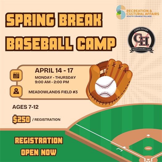 Spring Break Baseball Camp from April 14th-17th at Meadowlands Fields #3 for ages 7-12. Registration is now open.